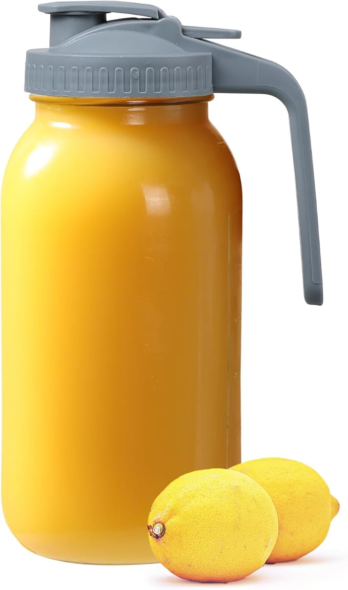 Glass Tea Pitcher with Wide Mouth Airtight Lid Leak Proof Fridge Container with Gray Lid Mason Jar for Water, Tea,Juice and Drinks (1 Pack-64OZ)