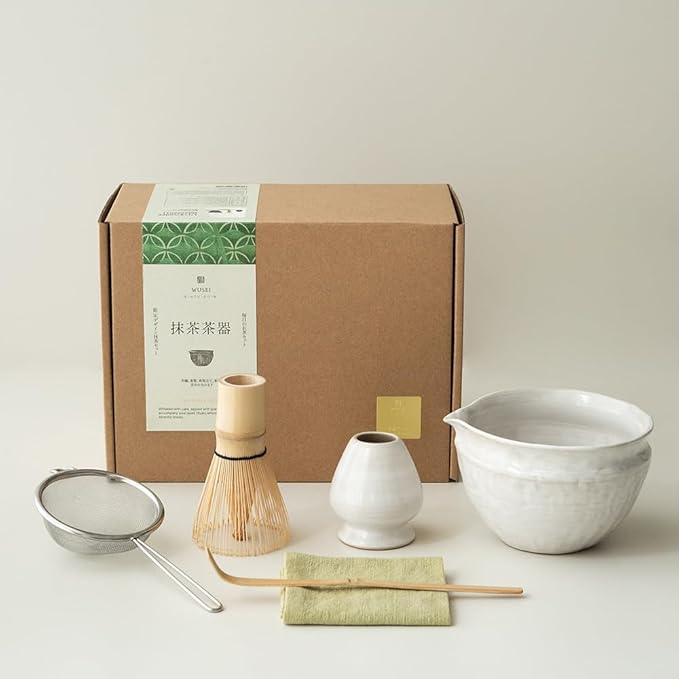 6-pcs Japanese Matcha Whisk Set with Handmade Wabi-Sabi Ceramic Bowl(Chawan),Bamboo Chasen, Whisk Holder, Scoop, Sifter & Tea Towel,Matcha Ceremony Kit,(Light Veil Gray)