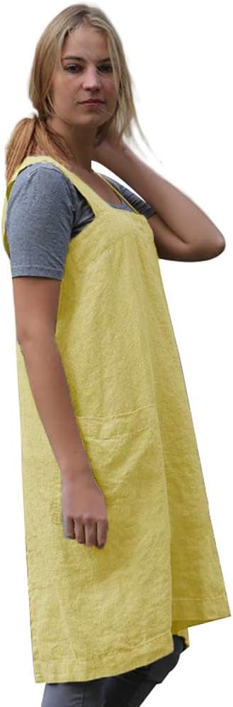 Women's Pinafore Square Apron Baking Cooking Gardening Works Cross Back Cotton/Linen Blend Dress with 2 Pockets