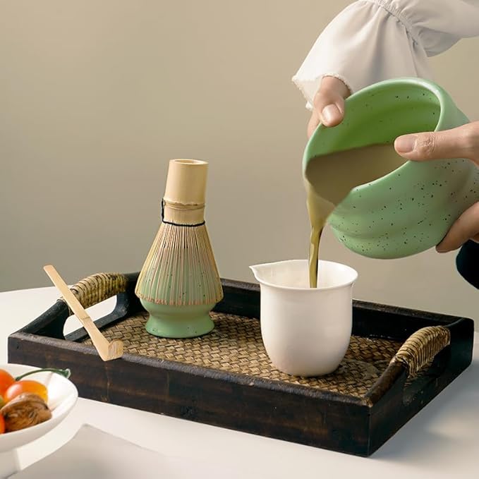 4pcs green ceramic matcha bowl with black speckles, perfect for matcha green tea, coffee, or as part of a matcha kit with whisk, sifter, and glass straws