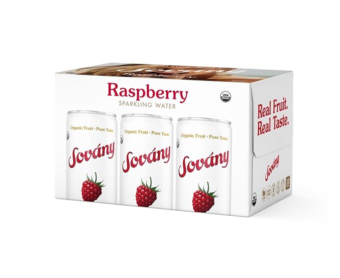 Sovány Sparkling Water, Raspberry, Seltzer Water Drinks, USDA Organic, Made With Real Fruit, Non-GMO, Vegan, No Added Sugar, Low Calorie, 12 fl oz, 12 Pack