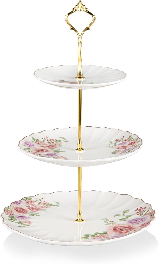 Sweejar 3 Tier Ceramic Cake Stand Wedding, Dessert Cupcake Stand for Tea Party Serving Platter (Rose Flower)