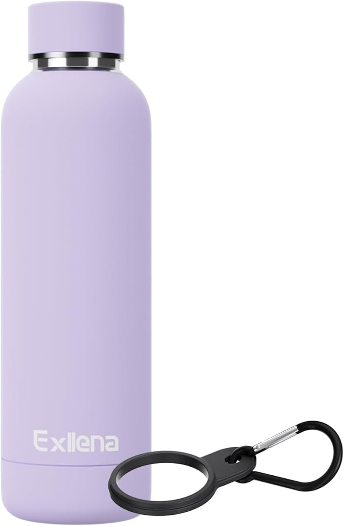 Slim Insulated Water Bottles for Travel 18oz with Clip, Double Wall Vacuum Stainless Steel Water Bottle Keeps Drinks Cold 24 Hrs/Hot 12 Hrs, 100% Leakproof, BPA Free(Purple)