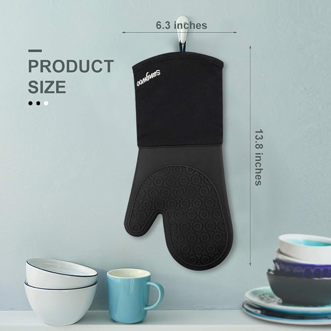 sungwoo Silicone Oven Mitts, Heat Resistant Oven Gloves with Quilted Liner Non-Slip Textured Grip Perfect for BBQ, Baking, Cooking and Grilling - 1 Pair 13.8 Inch Black
