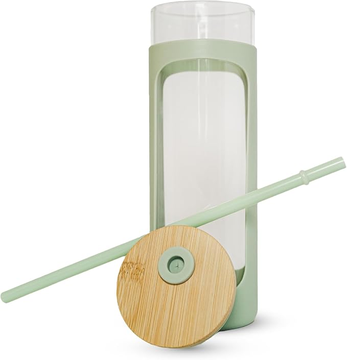 haelo 20oz Glass Tumbler Water Bottle, Iced Coffee Cup with Straw, Silicone Protective Sleeve, Bamboo Lid Reusable BPA Free (Sage Green)