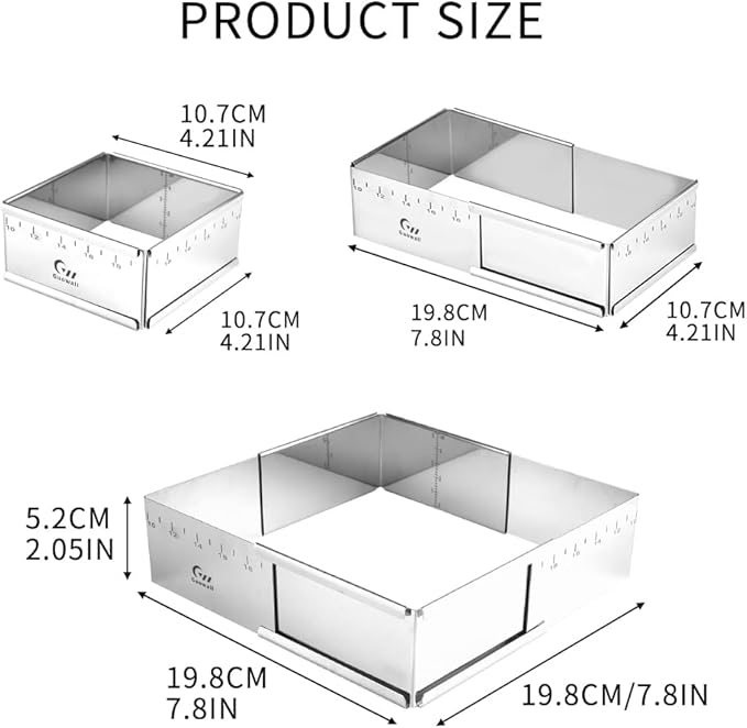 Guowall Stainless Steel Extensible Cake Ring Mold Detachable Square Shaped Mousse Ring Nonstick Cake Mould for Baking Tools - 4in