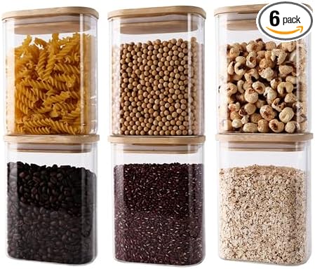 Glass Storage Jars with Airtight Bamboo Lids - Stackable Kitchen Canisters for Candy, Cookies, Rice, Sugar, Flour, Pasta