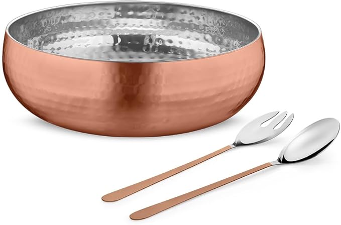 Avador® Set of 3 Premium Stainless Steel Salad Mixing Bowl Hammered Finish | Handmade | Includes Salad Serving Utensils (Copper Plated)
