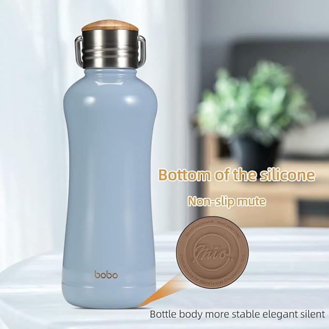 YOHKOH Mini Vacuum Insulated Water Bottle With Bamboo Lid - Stainless Steel Thermos Water Bottle for Women Girls Kids, Metal Sports Hot and Cold Water Bottle Leak-Proof BPA-Free (11.8oz,Blue)