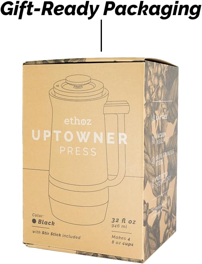 Uptowner French Press | 32 fl oz Stainless Steel | US Patented Bru-Stop & Removable Bottom | Double-Wall Insulated for Smooth, Balanced Coffee – No Grit, No Bitterness
