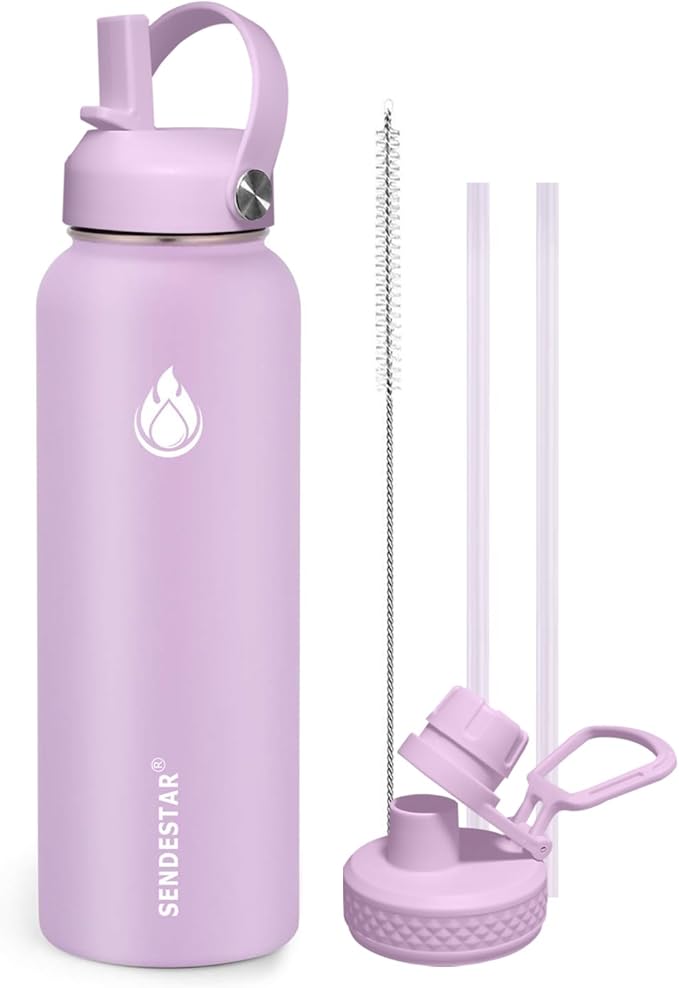 SENDESTAR Water Bottle 40oz Double Wall Vacuum Insulated Leak Proof Stainless Steel Sports Water Bottle—Wide Mouth with New Flex Straw Lid & Spout Lid (lilac)