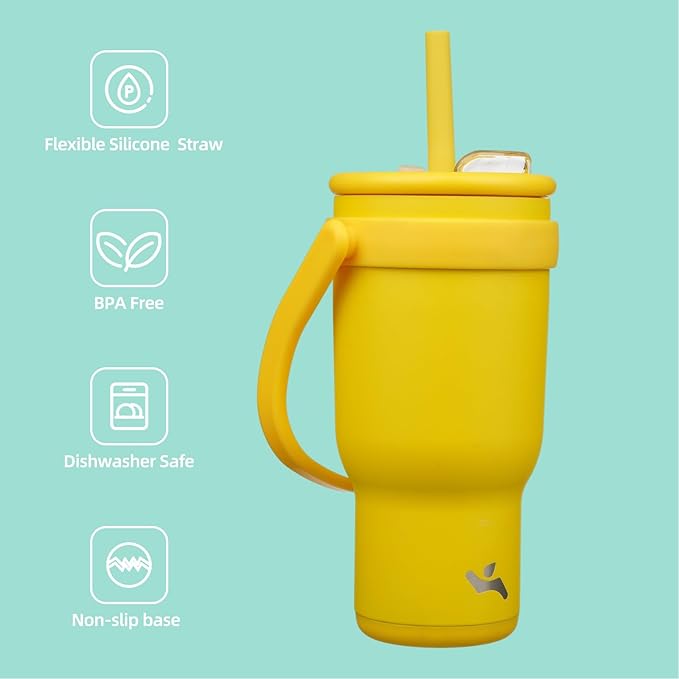 30 oz Tumbler with Side Handle, Insulated Water Bottle with Straw and 2 in 1 Lid, Stainless Steel Cup Travel Coffee Mug for Sports Office Gym,Yellow