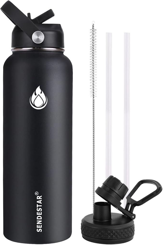SENDESTAR Stainless Steel Water Bottle, Insulated Water Bottle 40 oz with New Straw Lid or Spout Lid Keeps Liquids Hot or Cold with Double Wall Vacuum Insulated Bottle (Black)