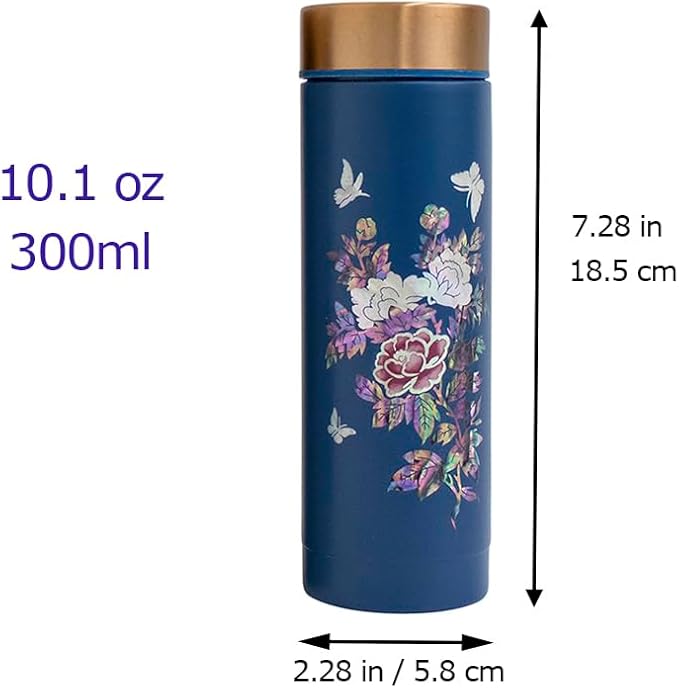 Mother of Pearl Design Stainless Steel Water Bottle 10.1 oz Leakproof Screw Cap Wide Mouth Double Wall Vacuum Insulated Travel Sport Water Flask Thermo Mug (Peony Blue)