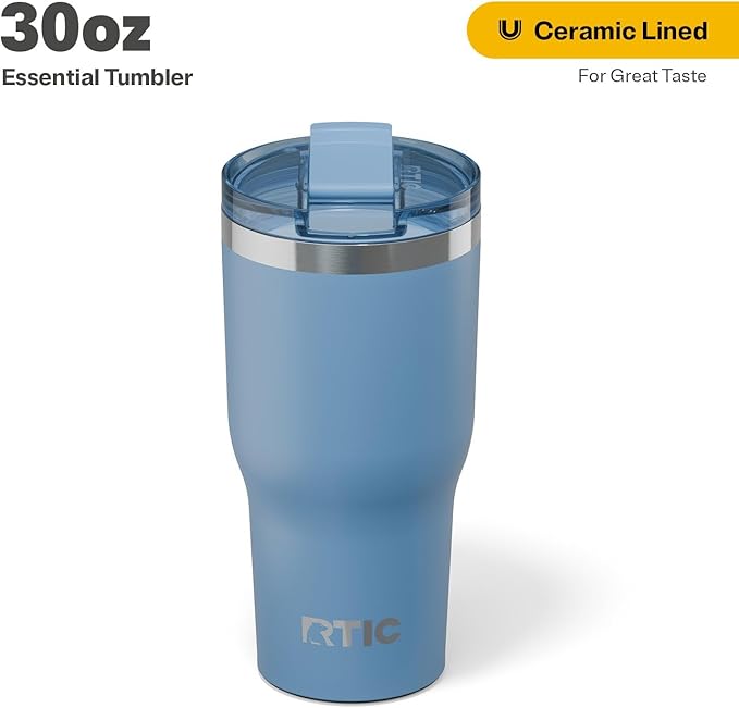 RTIC 30oz Essential Tumbler with Lid, Insulated, Stainless Steel, Metal, Double Wall Vacuum-Insulation, Ceramic Lined, Travel Cup for Iced Coffee, Tea, Hot and Cold Drink, Denim