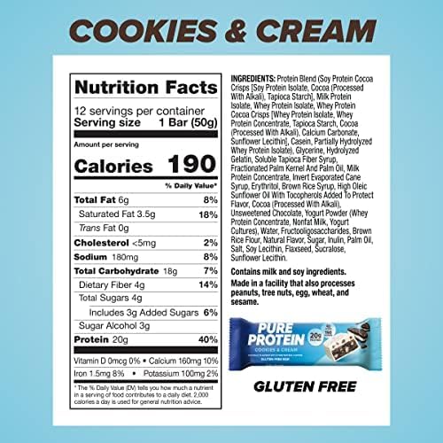 Pure Protein Bars, High Protein, Nutritious Snacks to Support Energy, Low Sugar, Gluten-free, Cookies and Cream, 1.76oz, 12 Pack
