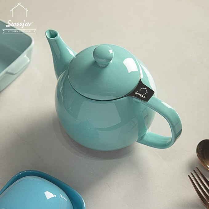 Sweejar Porcelain Teapot with Removable Stainless Steel Infuser,Microwave & Dishwasher Safe Tea Pots for Loose Tea,Tea Infuser Pots for Chrismas Women Gift (30oz Turquoise)