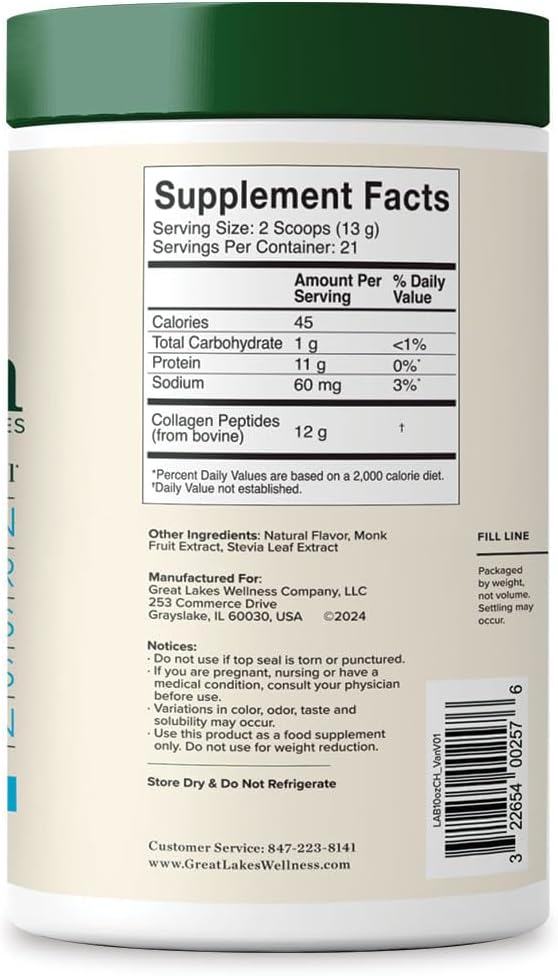 Great Lakes Wellness Collagen Peptides Powder for Skin, Hair, Nails, Joints & Digestion - Vanilla Flavored - Quick Dissolve Hydrolyzed, Non-GMO, Kosher - 10 oz