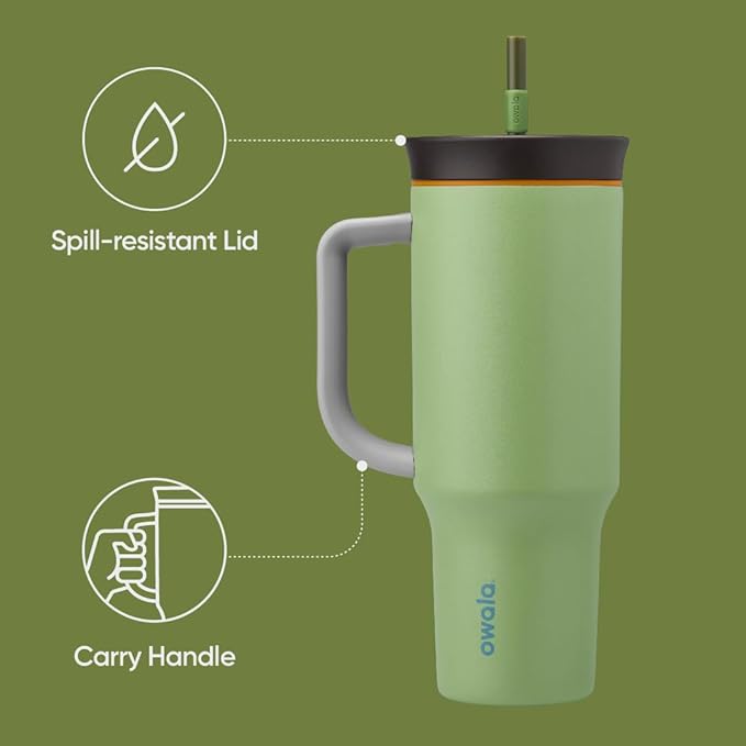 Owala Stainless Steel Triple Layer Insulated Travel Tumbler with Spill Resistant Lid, Straw, and Carry Handle, BPA Free, 40 oz, Green (Brave Adventures) (Pack of 6)