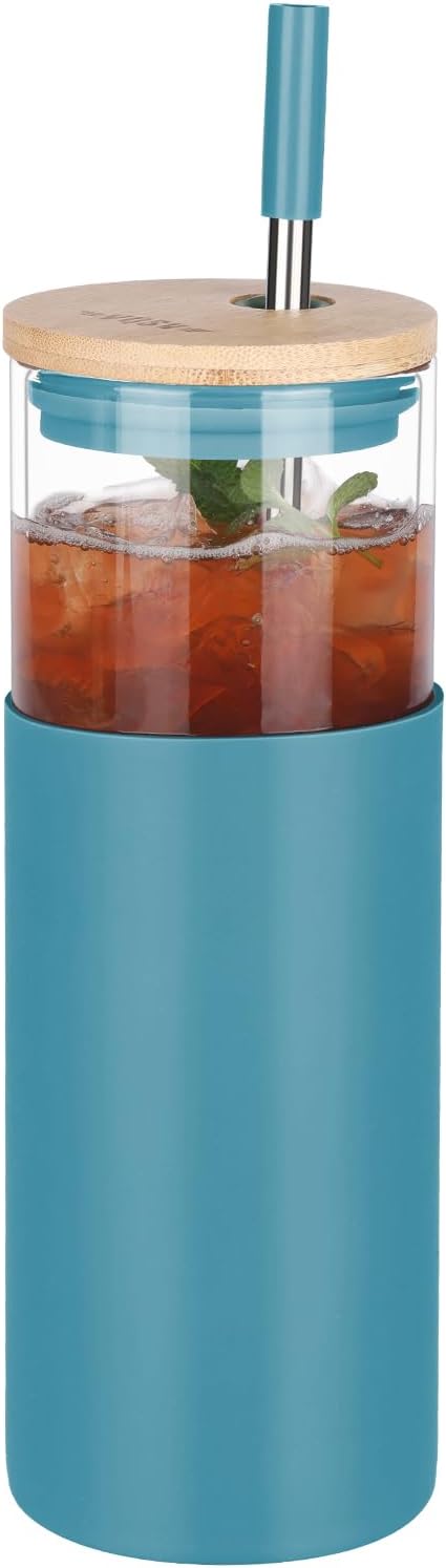 1Pack Glass Tumbler w/Lid & Straw - 24oz Reusable Glass Mug/Bamboo Lid & Stainless Steel Straw-BPA-Free, Leak-Proof, Dishwash Safe for Coffee, Smoothies, Hot Beverages, Travel, Office, Home Use