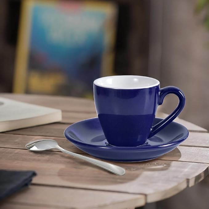 homEdge Porcelain Espresso Shot Cup Set with Saucers and Stainless Steel Spoons - 80 ml / 2.67 oz, Set of 4, Navy
