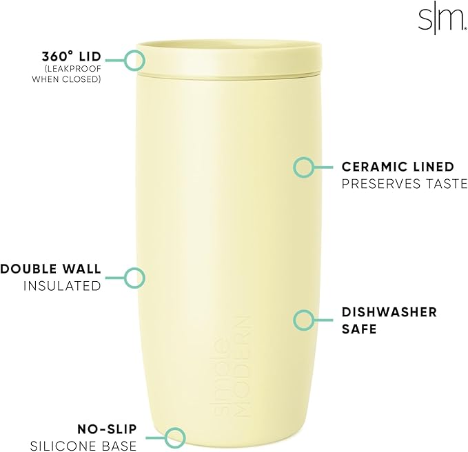 Simple Modern Travel Coffee Mug Tumbler with 360° Lid | Ceramic-Lined Insulated Stainless Steel Cold Brew Iced Coffee Cup Thermos | Gifts for Women Men Her Him | Voyager Signature | 16oz | Buttercup