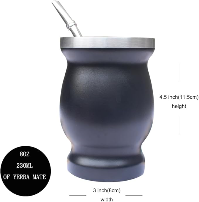 Beruth Bombilla Yerba Mate Gourd, 8oz Stainless Steel Tea Cup Set with a Multifunctional Lid, Two Straws and Cleaning Brushes, Double Walled Coffee Mug Heat Insulation Anti Scalding BR2302 (Black)