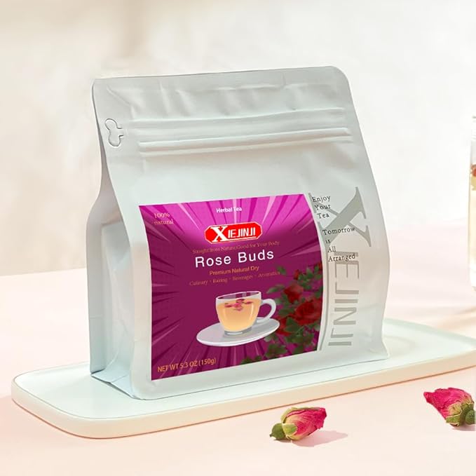 XIEJINJI Rose Tea - 100% Pure Loose Dried Rose Buds(5.3oz/150g) - Food Grade Natural Herbal Tea, Caffeine Free Sugar Free, Resealable Bag