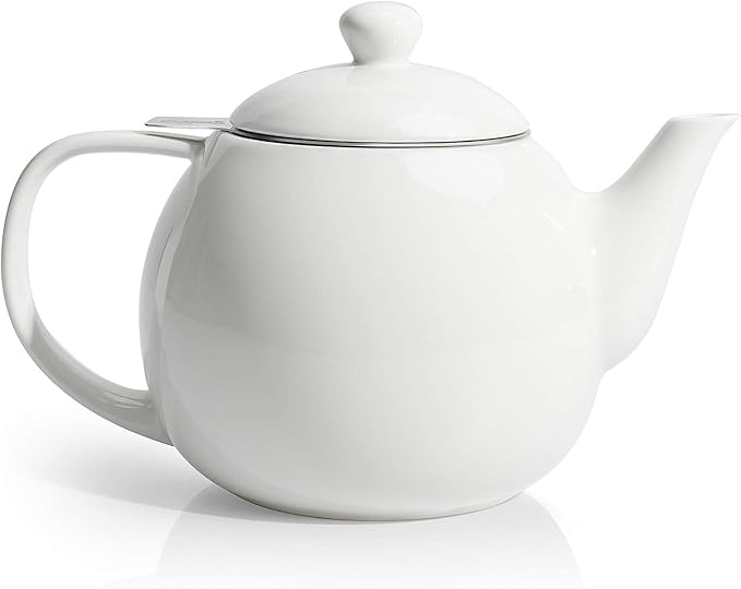 Sweese Teapots for Tea, 27 oz Porcelain Tea pot with Removable Stainless Steel Infuser, Tea Pots for Loose Tea - White
