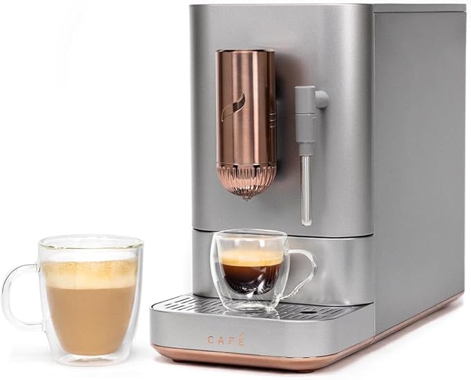Café Affetto Automatic Espresso Machine + Milk Frother | Built-In & Adjustable Espresso Bean Grinder | One-Touch Brew in 90 Seconds | Steel Silver, 1.2 Liter, (C7CEBBS2RS3)