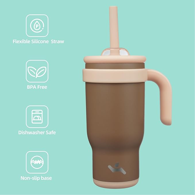 18 oz Tumbler with Side Handle, Insulated Water Bottle with Straw and 2 in 1 Lid, Stainless Steel Cup Travel Coffee Mug for Sports Office Gym,Brown
