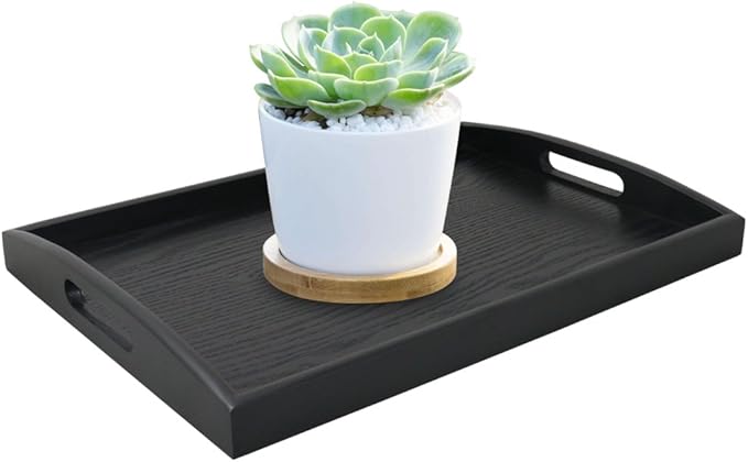 DILLMAN Serving Tray Large Black Wood Rectangle Food Tray Butler Tray Breakfast Tray with Handles (Small)