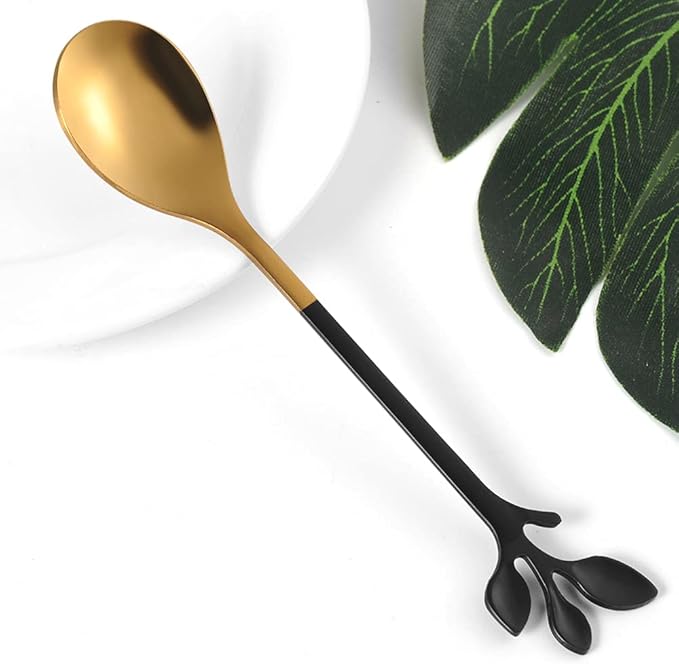 AnSaw Elegant Black & Gold Leaf Espresso Spoons - 10-Piece, 4.7" Mini Stainless Steel Coffee & Dessert Tea Spoons, Perfect for Demitasse & Small Servings