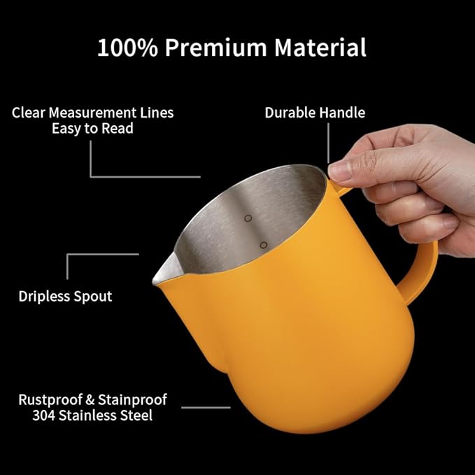 watchget Milk Frothing Pitcher 500ml/17oz Espresso Steaming Pitcher with Matte Yellow Coating Stainless Steel Milk Steamer Jug Milk Frothing Cup, Yellow