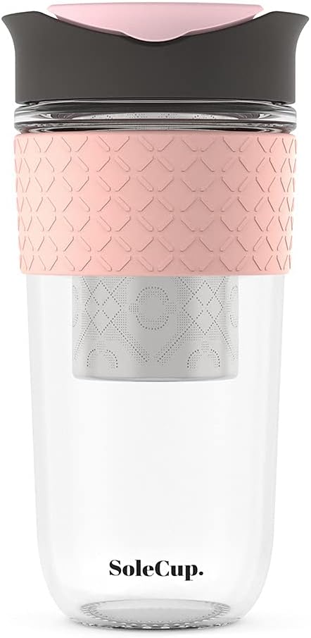 Large Travel Mug Loose Tea Infuser - Detachable Tea Strainer with Spill Proof Lid - 18oz/530ml BPA-Free Reusable Glass Travel Coffee Cup with Silicone Band (Pink) (Grey and Pink)