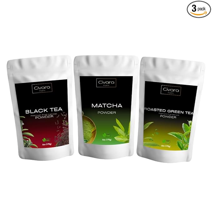 Civara Organic Tea Powder Trio – Black Tea, Matcha & Roasted Green Tea (6oz Each) | USDA Organic, Non-GMO, Vegan | No Sugar or Additives | Great for Lattes, Smoothies & Recipes – Choose Your Flavors (12. Black Tea + Matcha + Roasted Green Tea)