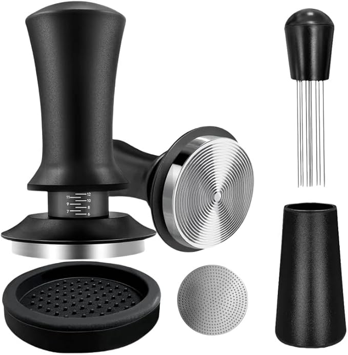 Gmnuiy51mm Coffee Espresso Tamper ，with Stainless Steel Base Tamper ，Silicone Tamper Mat,Black Espresso Distribution Tool， Coffee puck screen