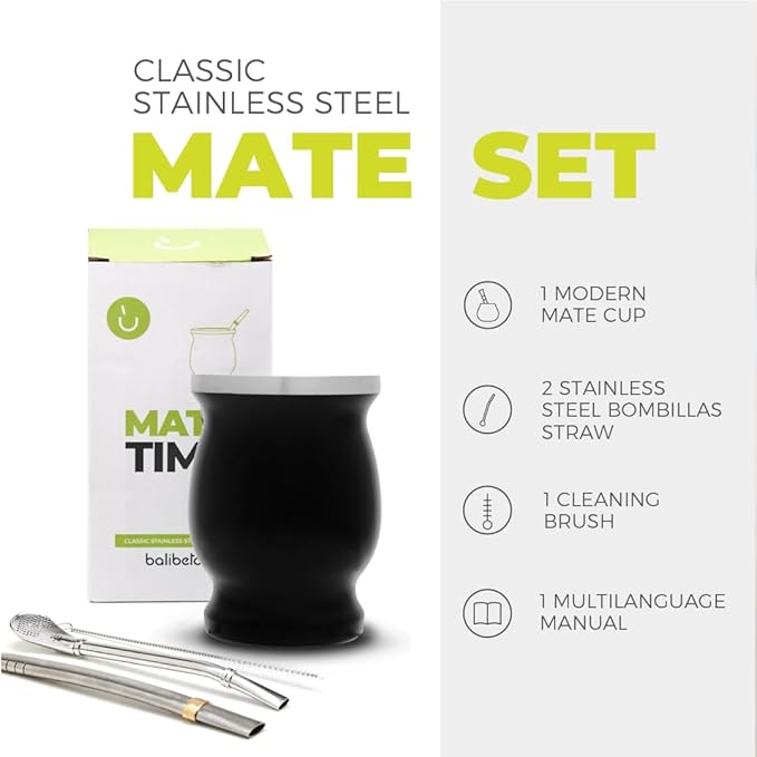 BALIBETOV Stainless Steel Double-Wall Mate Cup And Bombilla Set - Yerba Mate set Includes One Yerba Mate Cup, 2 Bombillas Mate (Straw) & Brush - Easy to Clean (Black)