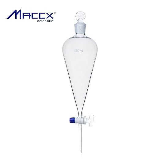 Conical Separatory Funnel with Pear Shape, Vol.500ml, 3.3 Borosilicate Glass Material, Ground-in Glass Stopper and Stopcock, SFG500-001