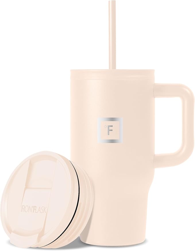IRON °FLASK Co-Pilot Insulated Mug w/Straw & Flip Cap Lids - Cup Holder Bottle for Hot, Cold Drink - Leak-Proof - Water, Coffee Portable Travel Mug - Sand, 16 Oz