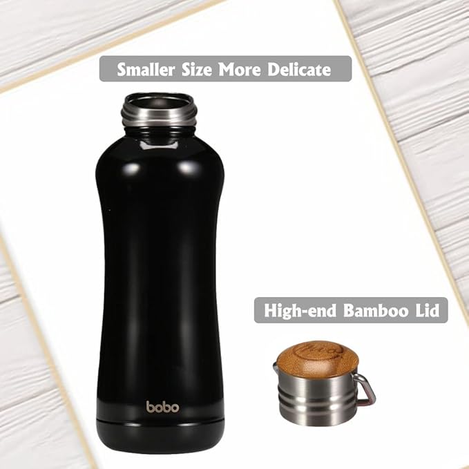 YOHKOH Mini Insulated Water Bottle With Bamboo Lid - 11.8oz Small Vacuum Insulated Water Bottle for Women Kids, 12 Hrs Hot & 24 Hrs Cold Stainless Steel Thermos Leak-Proof BPA-Free (11.8oz,Black)