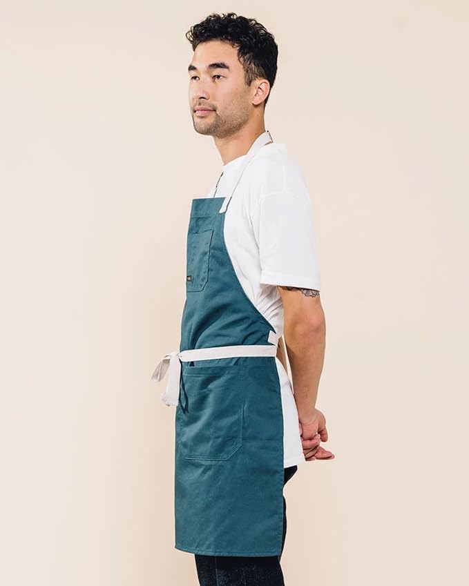 Caldo Daily Cotton Kitchen Apron for Cooking- Mens and Womens Professional Chef or Server Bib Apron - Adjustable Straps with Pockets and Towel Loop (Spruce)