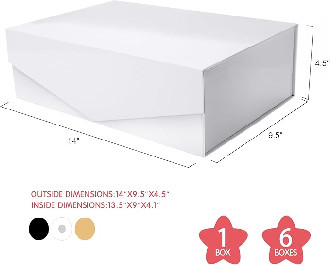 Large White Collapsible Gift Boxes with Magnetic Closure Lids 13.5x9x4.1 Inches, Bridesmaid Proposal Boxes, Rectangle Present Boxes (Glossy White, 6 Pack)