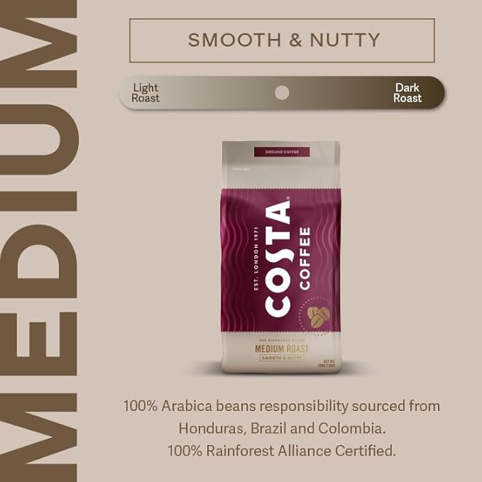 Costa Coffee Ground Coffee, Signature Blend Medium Roast, 12oz each, Rainforest Alliance Certified