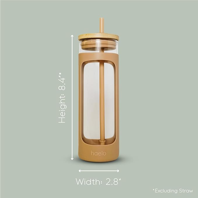 haelo 20oz Glass Tumbler Water Bottle, Iced Coffee Cup with Straw, Silicone Protective Sleeve, Bamboo Lid Reusable BPA Free (White)