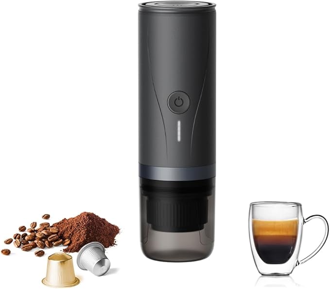 Portable Espresso Maker,Self-Heating Electric Mini Coffee Machine,20 Bar Pressure Compatible with NS Pods & Fine Grind for Travel, Camping, Hiking(Black)