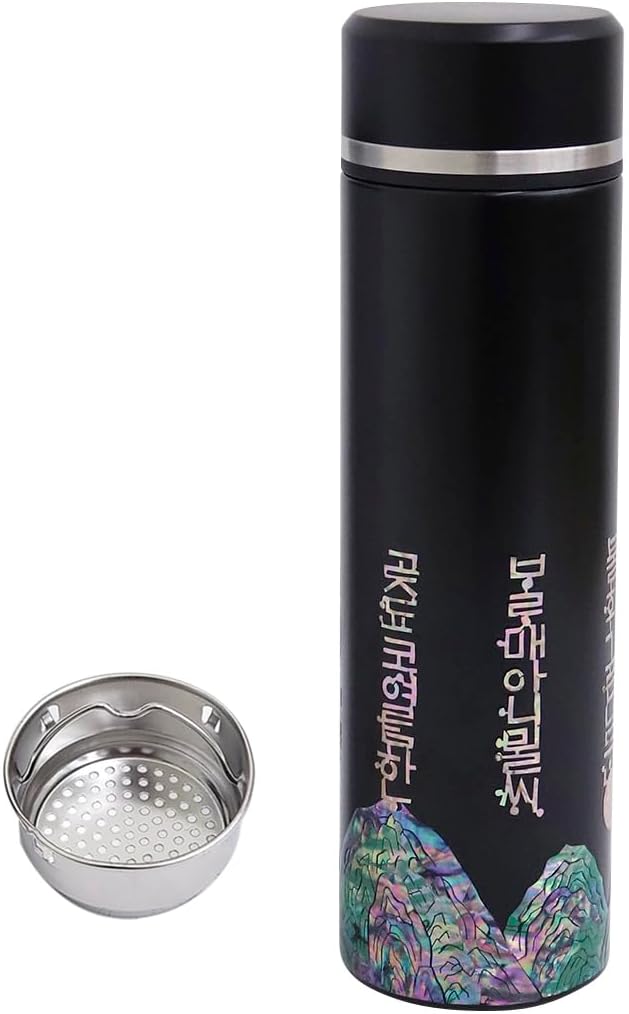 Mother of Pearl Design Stainless Steel Water Bottle with Tea Infuser Strainer 17 oz Leakproof Screw Cap Wide Mouth Double Wall Vacuum Insulated Travel Sport Water Flask Thermo Mug (Hangeul Black)