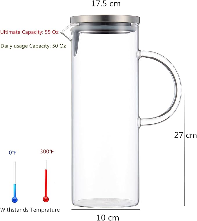 Karafu Pitcher, Glass Pitcher with Handle and Lid, 50 Oz Handmade Water Jug for Hot/Cold Water, Ice Lemon Tea and Juice Beverage