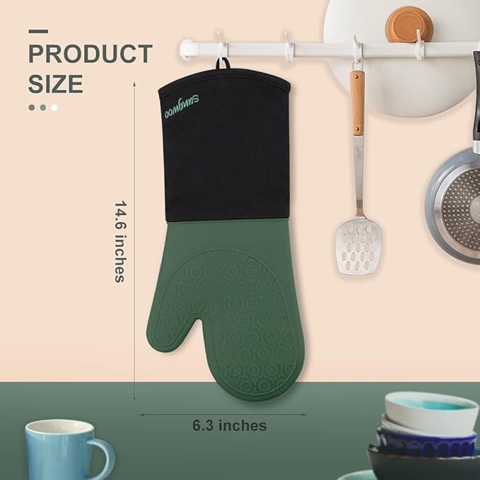 sungwoo Extra Long Silicone Oven Mitts, Heat Resistant Oven Gloves with Quilted Liner Non-Slip Textured Grip Perfect for BBQ, Baking and Cooking - 1 Pair 14.6 Inch Midnight Green & Black