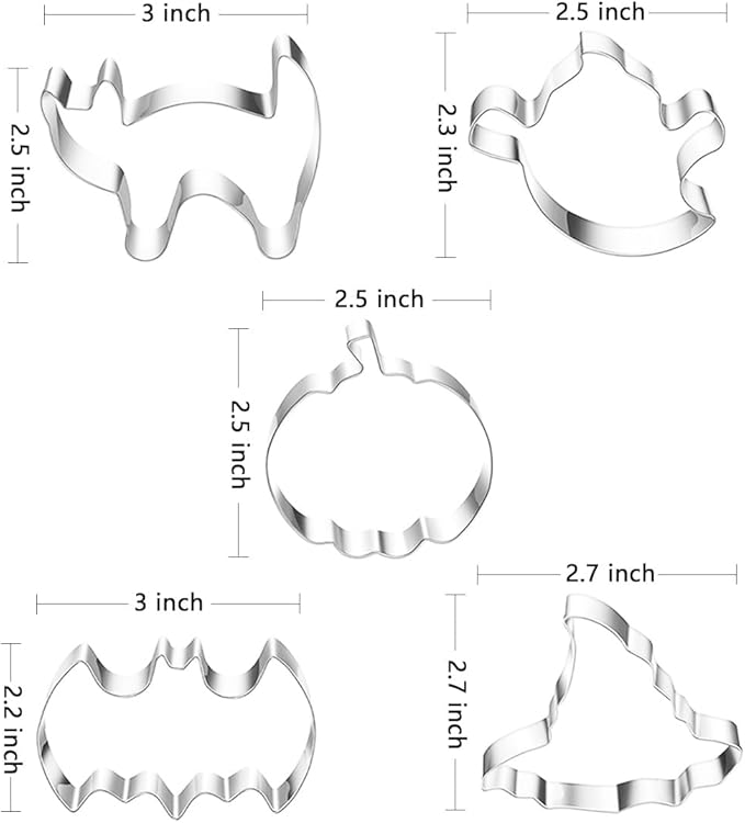 Halloween Cookie Cutters 5pcs, Cat Bat Pumpkin Magic Hat Cookie Cutter Sturdy Easy to Clean & Demold Pancake Dough Molds, Fondant Cutters for Baking Biscuit